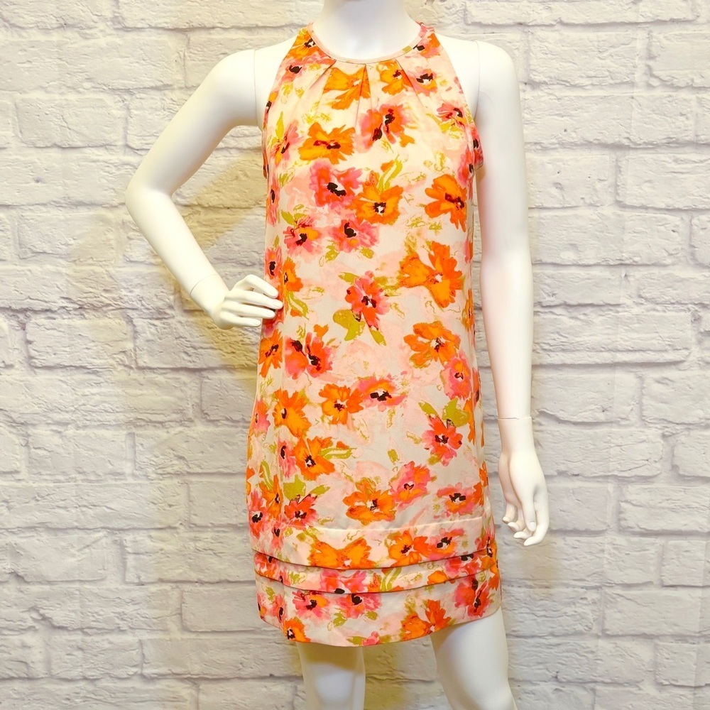 Loft 0 Spring Summer Floral Bright Pink Orange Watercolor Halter Dress